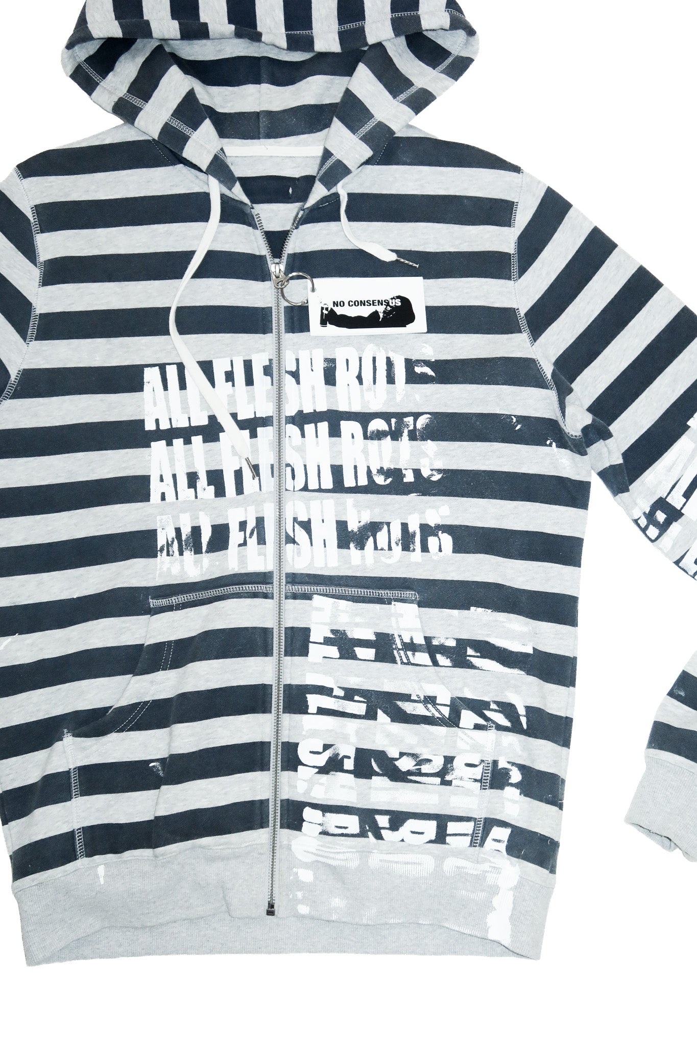 no consensus ‘all flesh rots’ striped zip hoodie navy/grey.