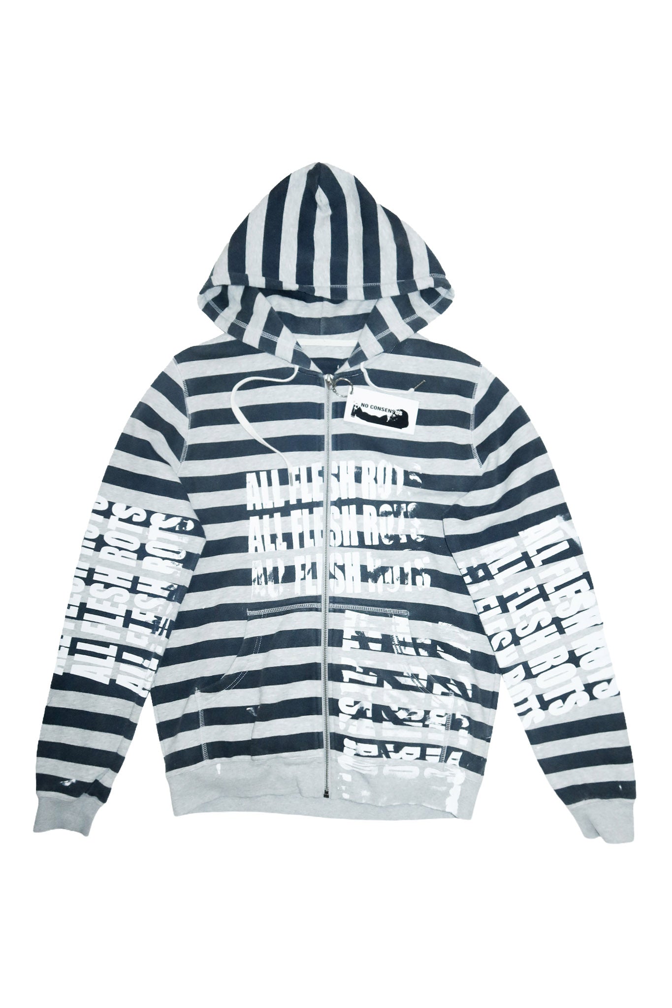 no consensus ‘all flesh rots’ striped zip hoodie navy/grey.