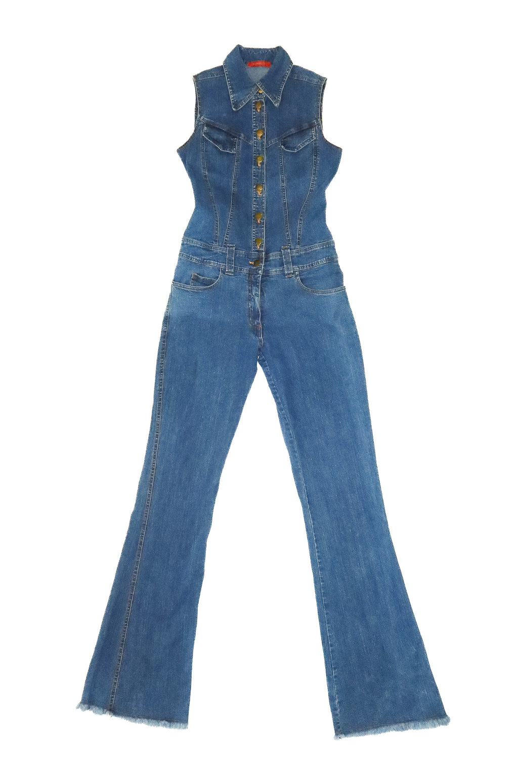 2000’s suspect sleeveless flared denim jumpsuit 
blue.