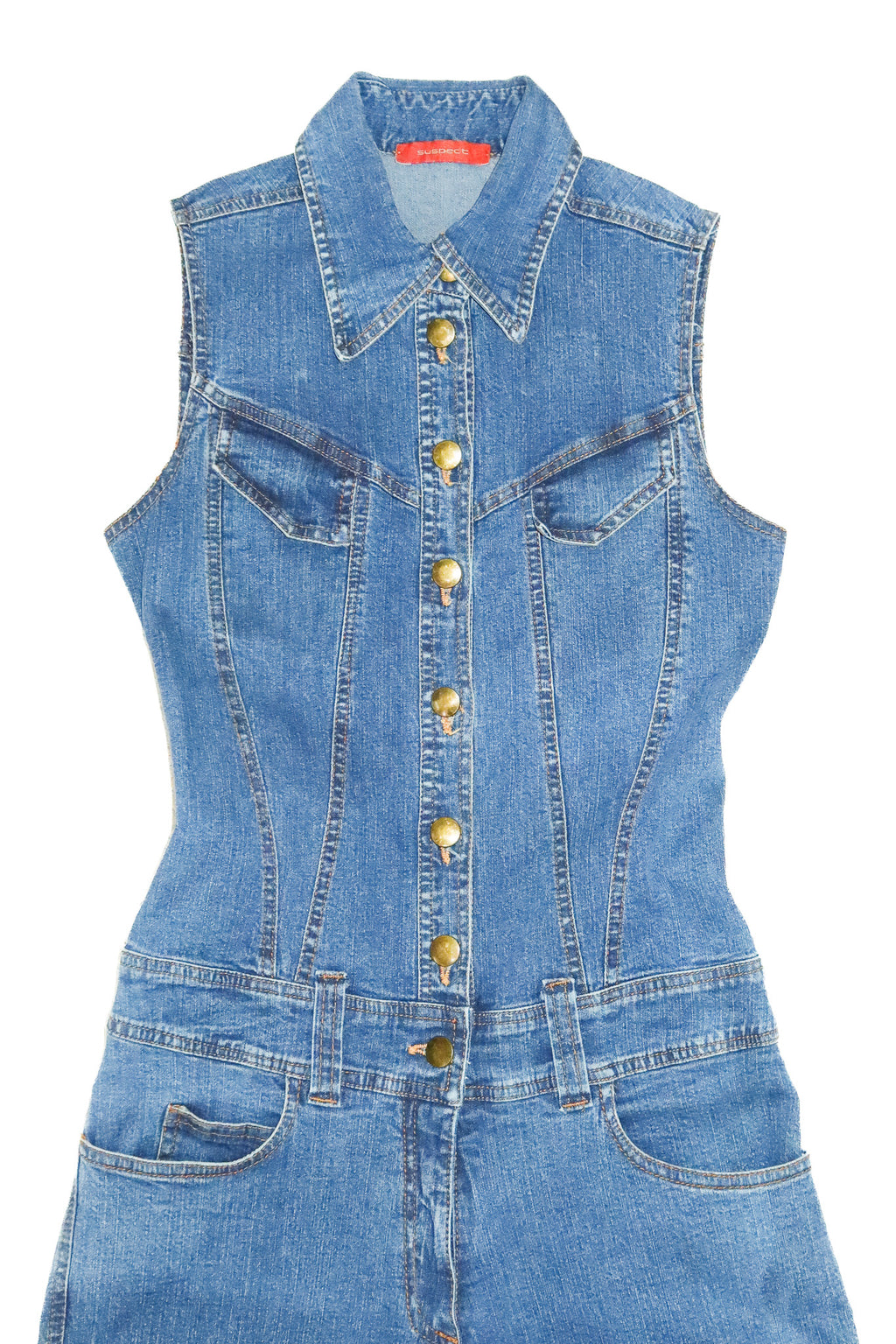 2000’s suspect sleeveless flared denim jumpsuit 
blue.