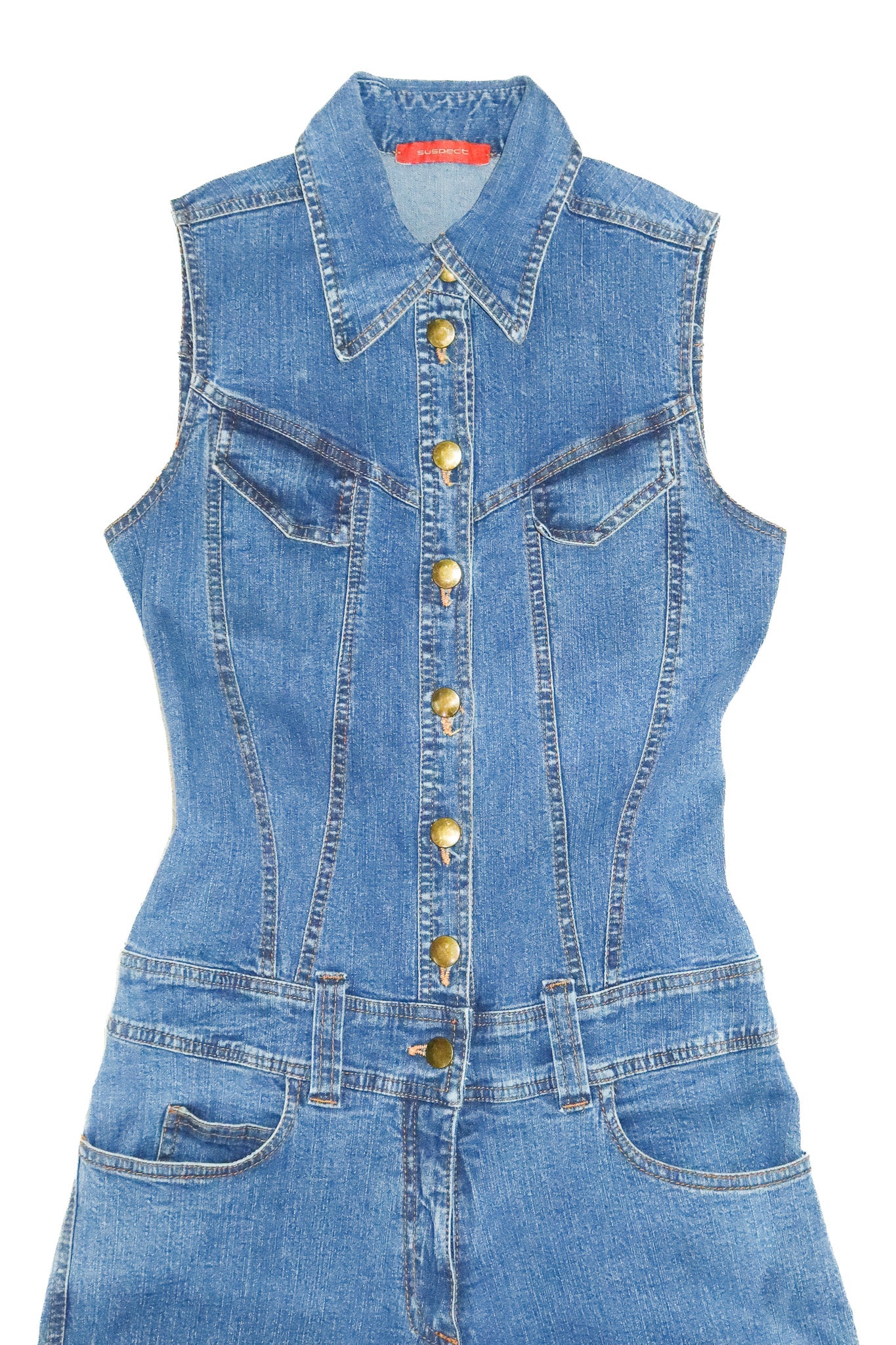 2000’s suspect sleeveless flared denim jumpsuit 
blue.