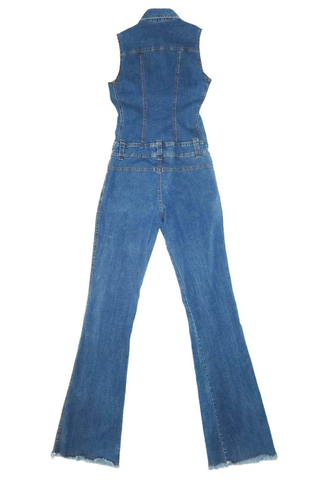 2000’s suspect sleeveless flared denim jumpsuit 
blue.