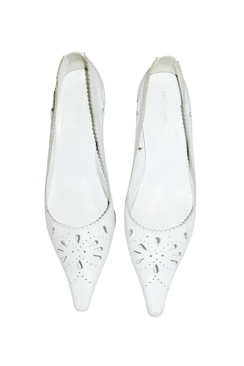 1990’s pepe castell leather cutout kitten heels white.