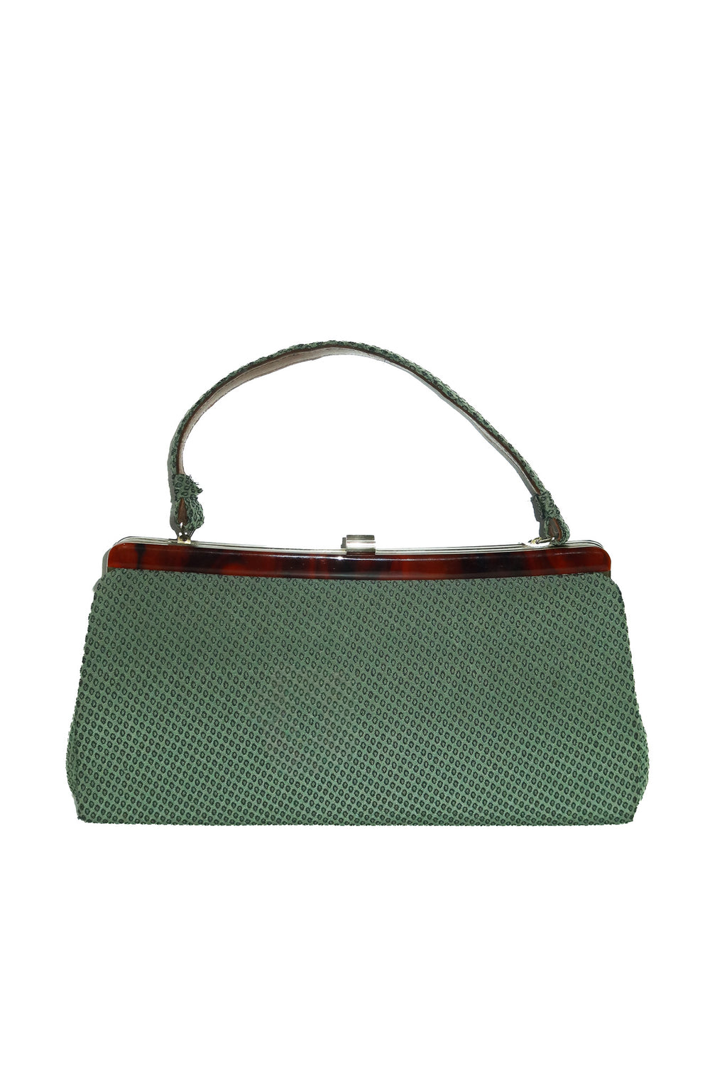 1960's unsigned patterned fabric tort frame handbag green.