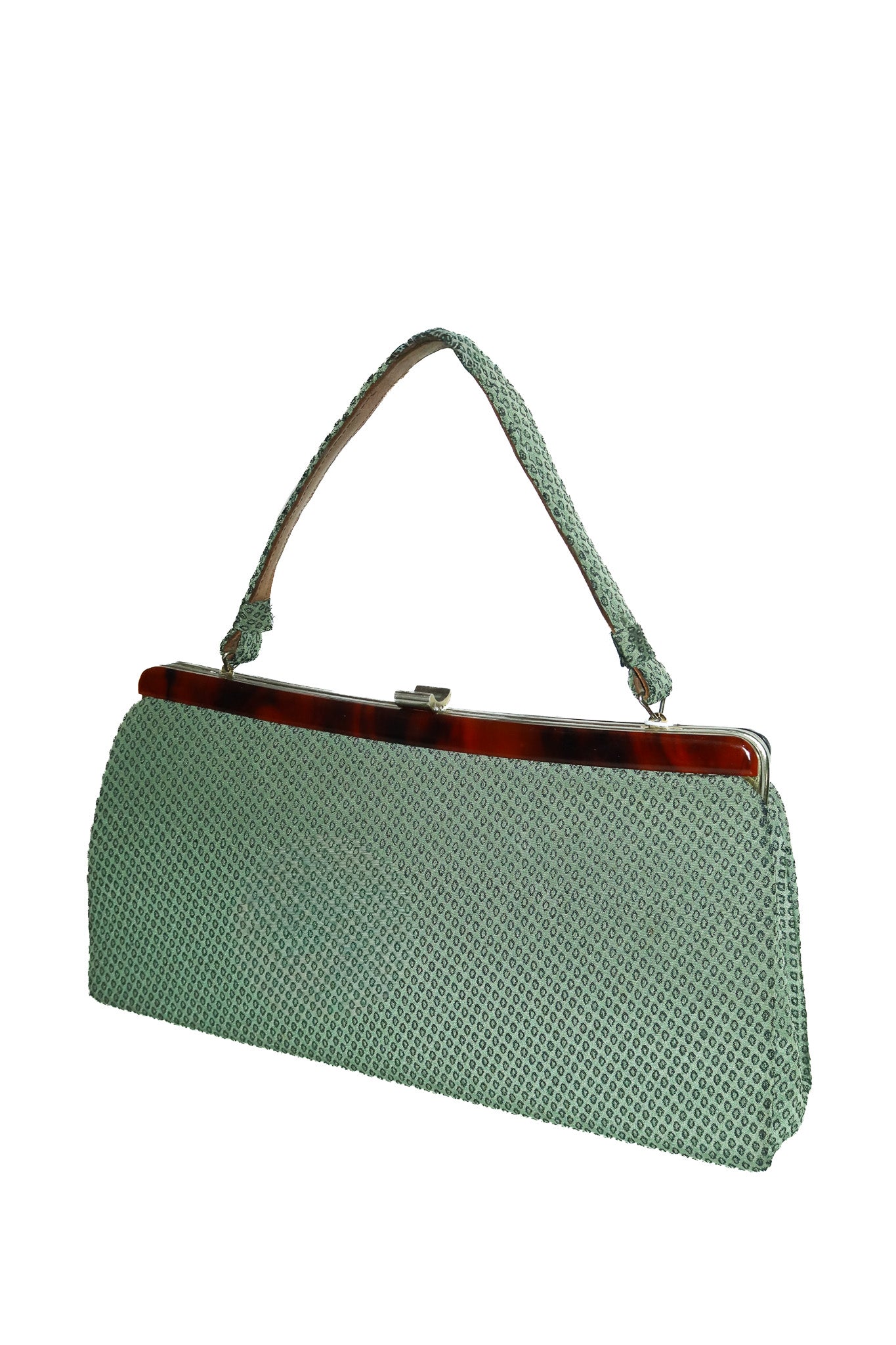 1960's unsigned patterned fabric tort frame handbag green.
