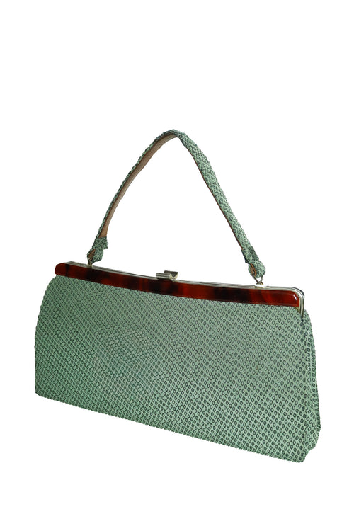 1960's unsigned patterned fabric tort frame handbag green.