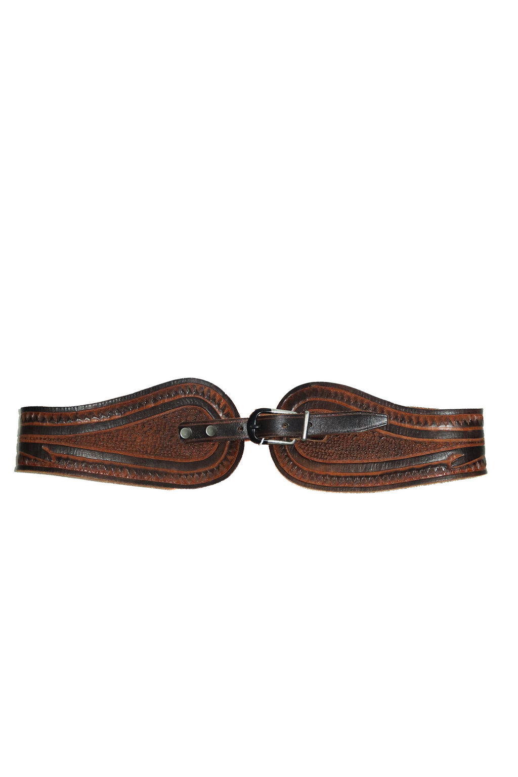 1980's handcrafted tooled leather western belt tan/black.