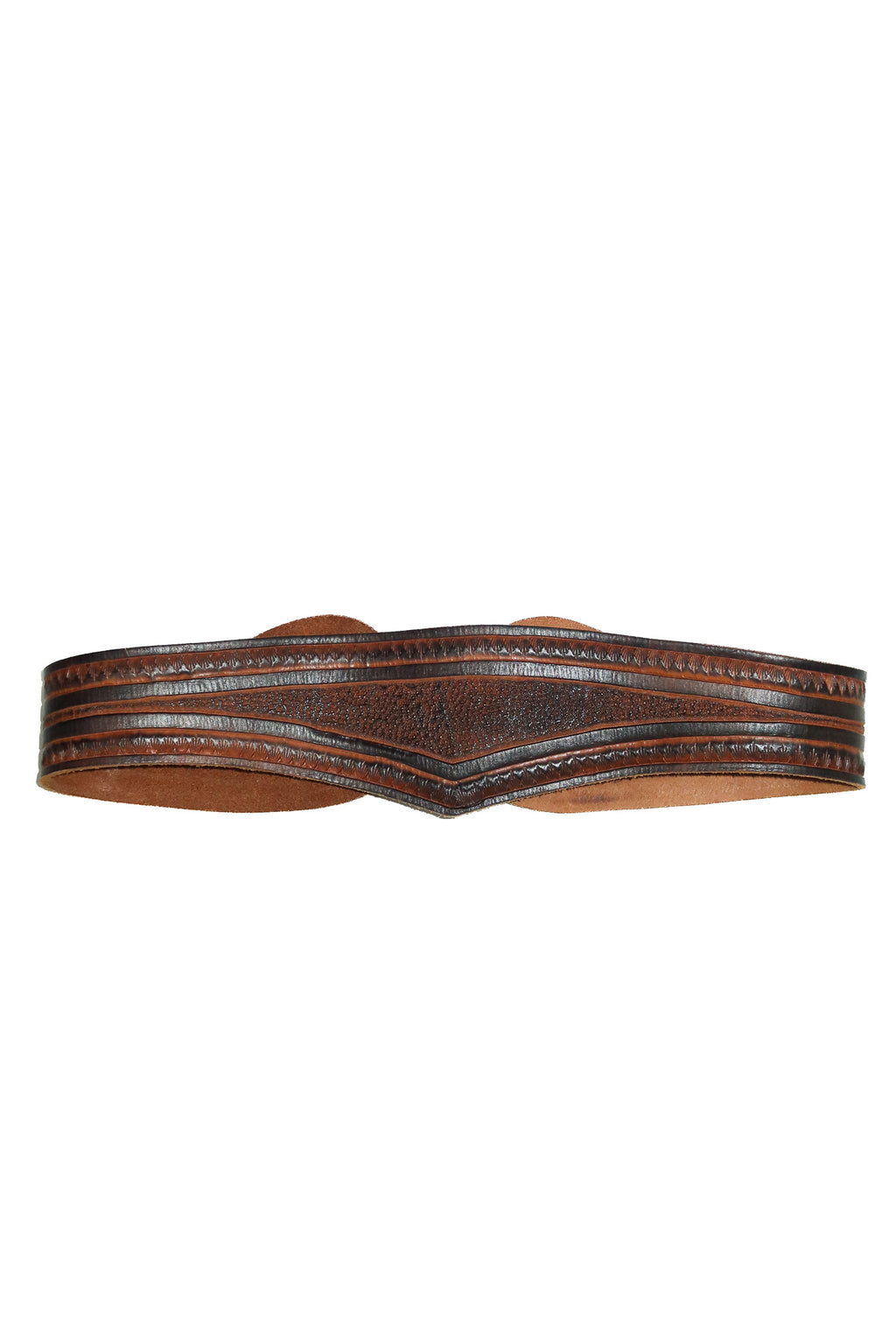 1980's handcrafted tooled leather western belt tan/black.