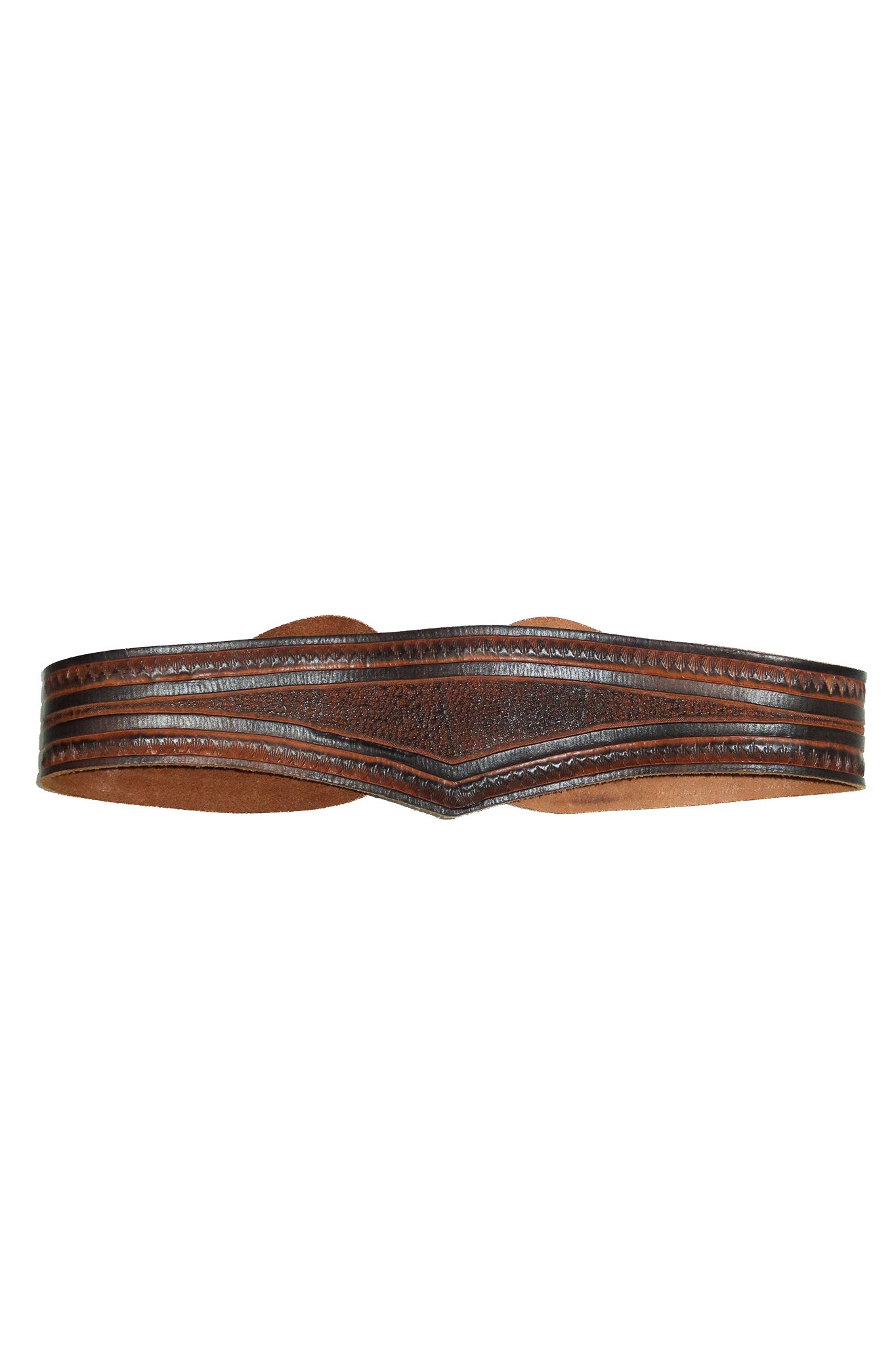 1980's handcrafted tooled leather western belt tan/black.