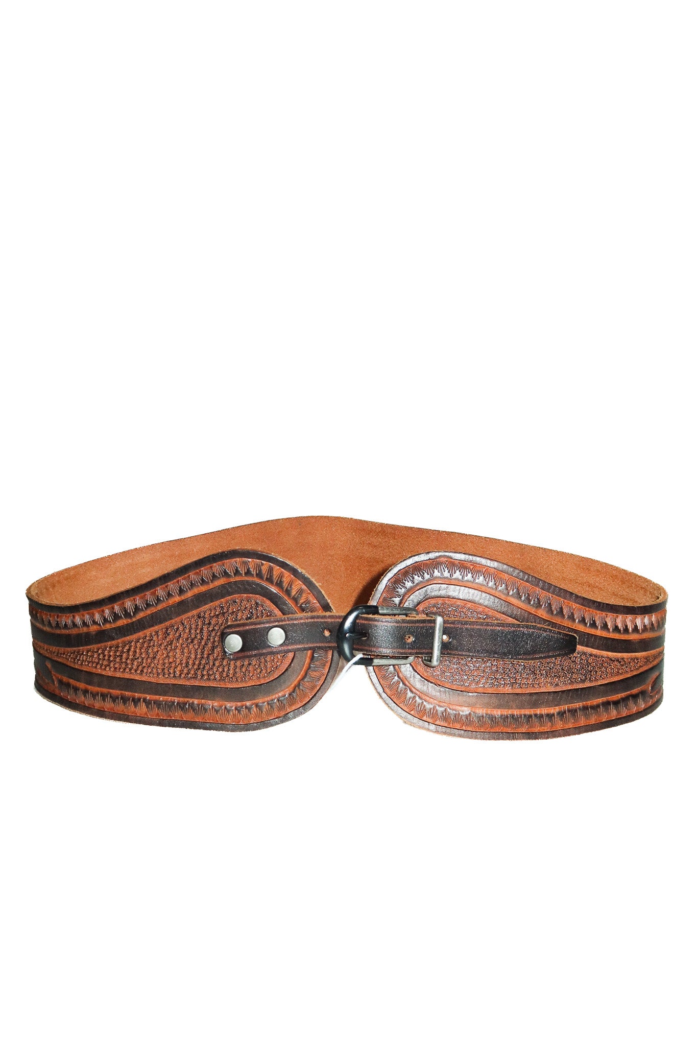 1980's handcrafted tooled leather western belt tan/black.