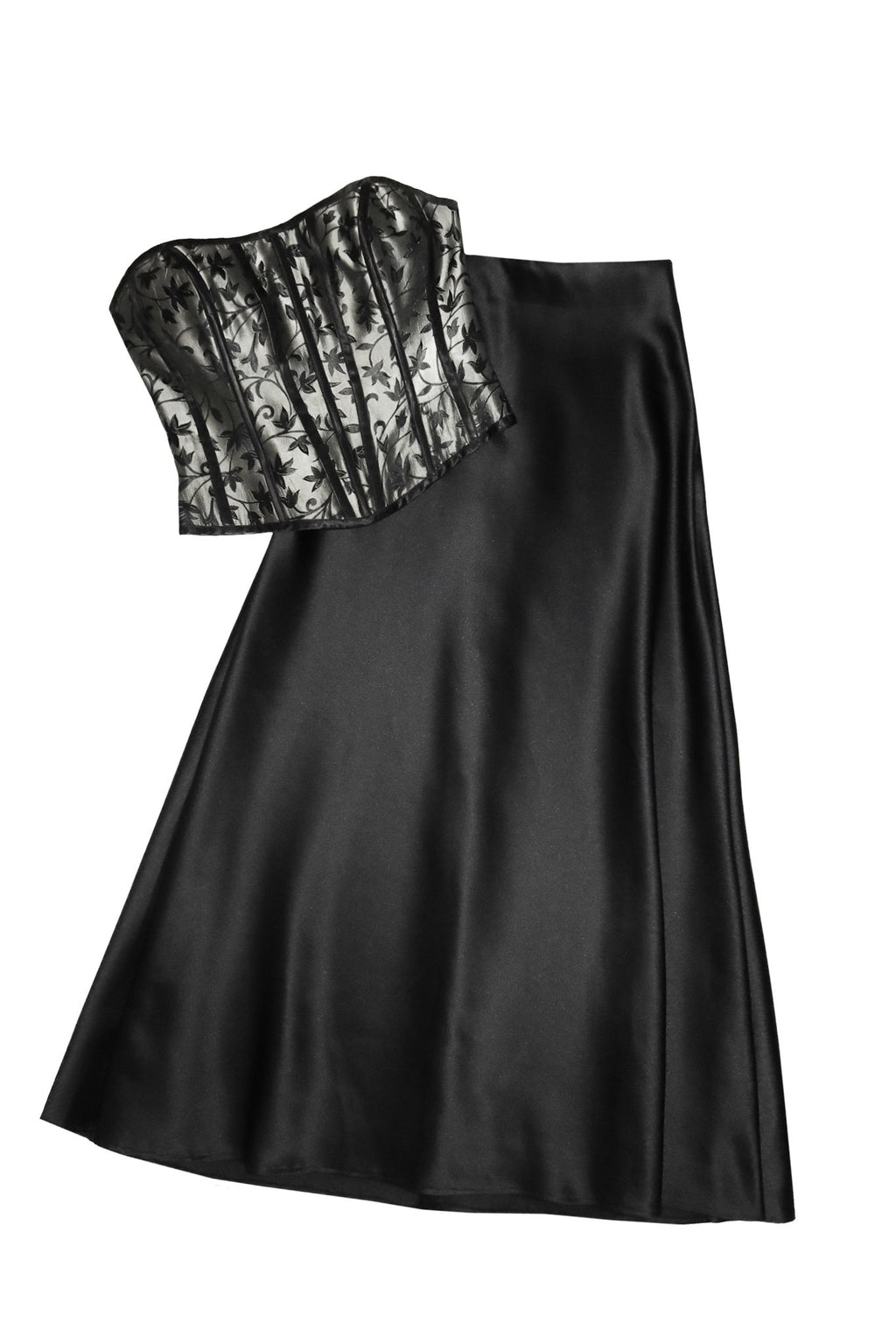 1990's PACO flocked mesh corset & maxi skirt set black.
