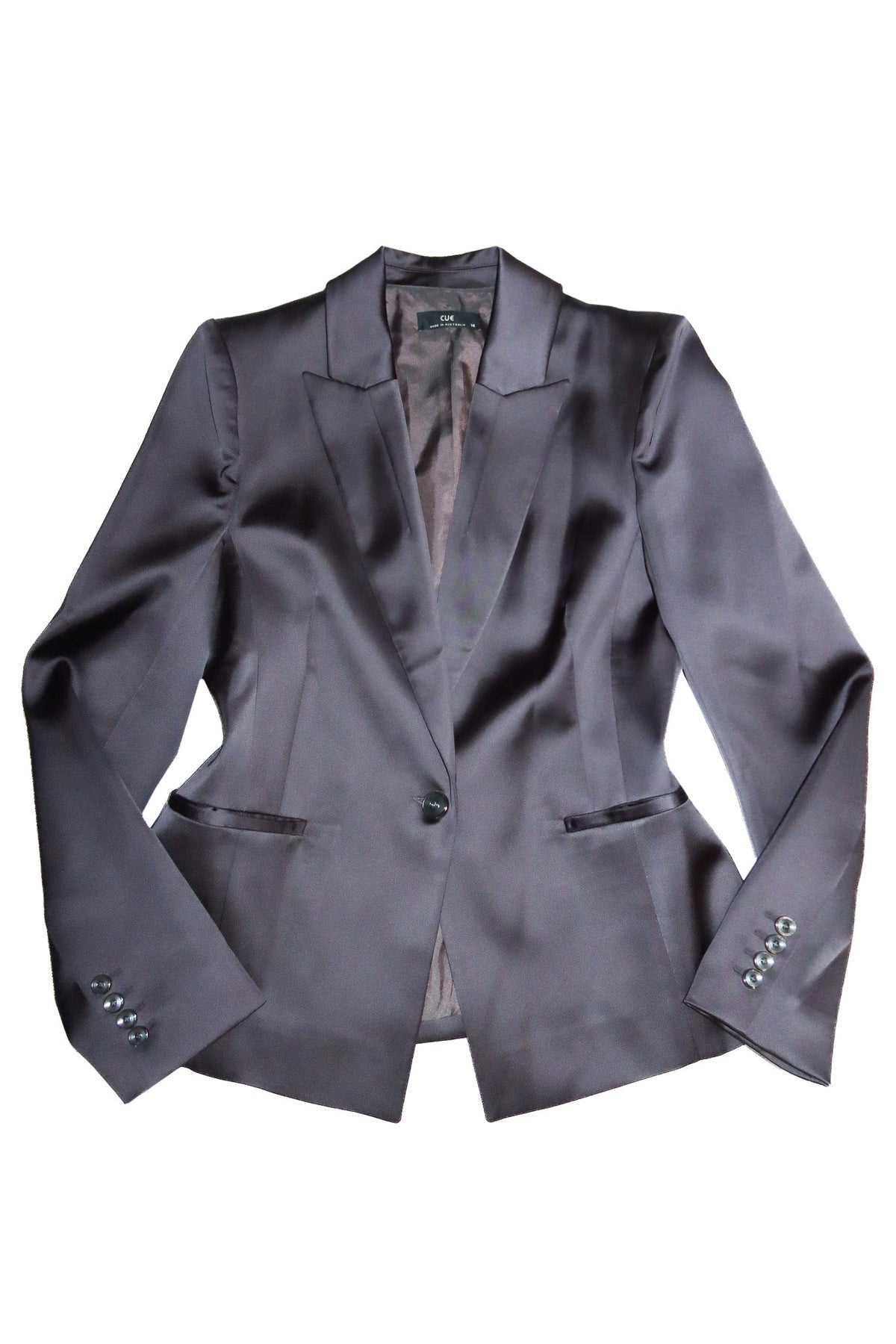 cue satin finish tailored blazer charcoal.