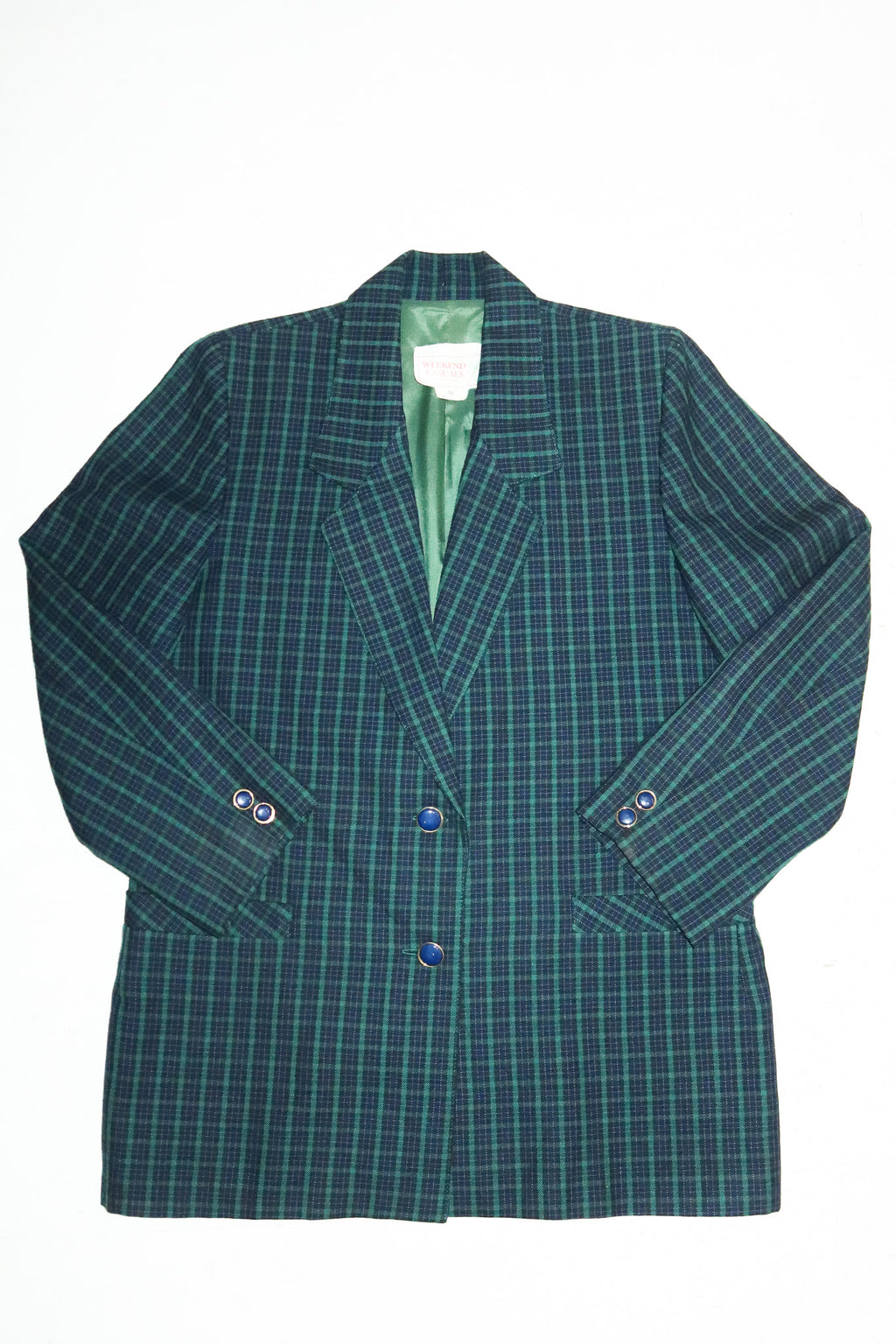 1980's weekend casuals tartan two piece suit green/ blue.
