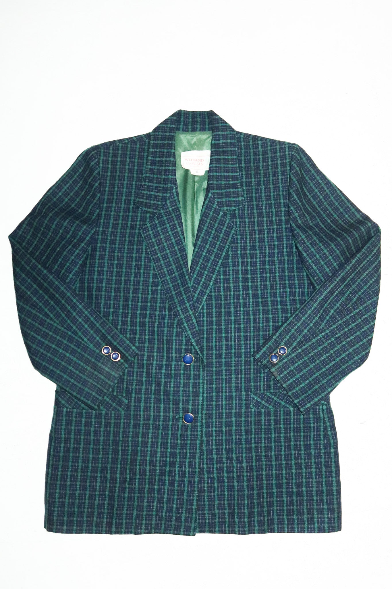 1980's weekend casuals tartan two piece suit green/ blue.
