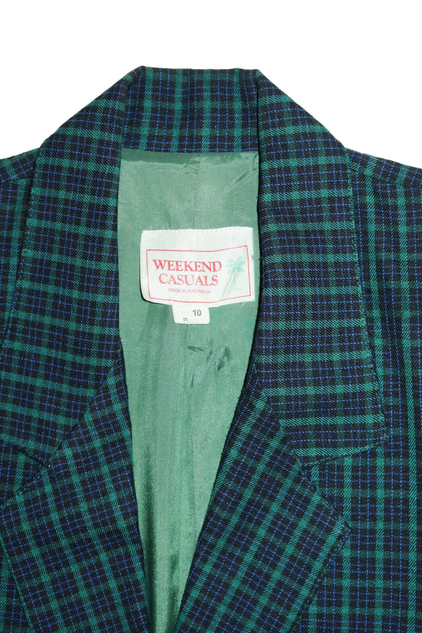 1980's weekend casuals tartan two piece suit green/ blue.