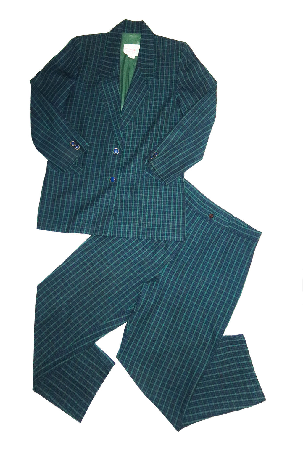 1980's weekend casuals tartan two piece suit green/ blue.