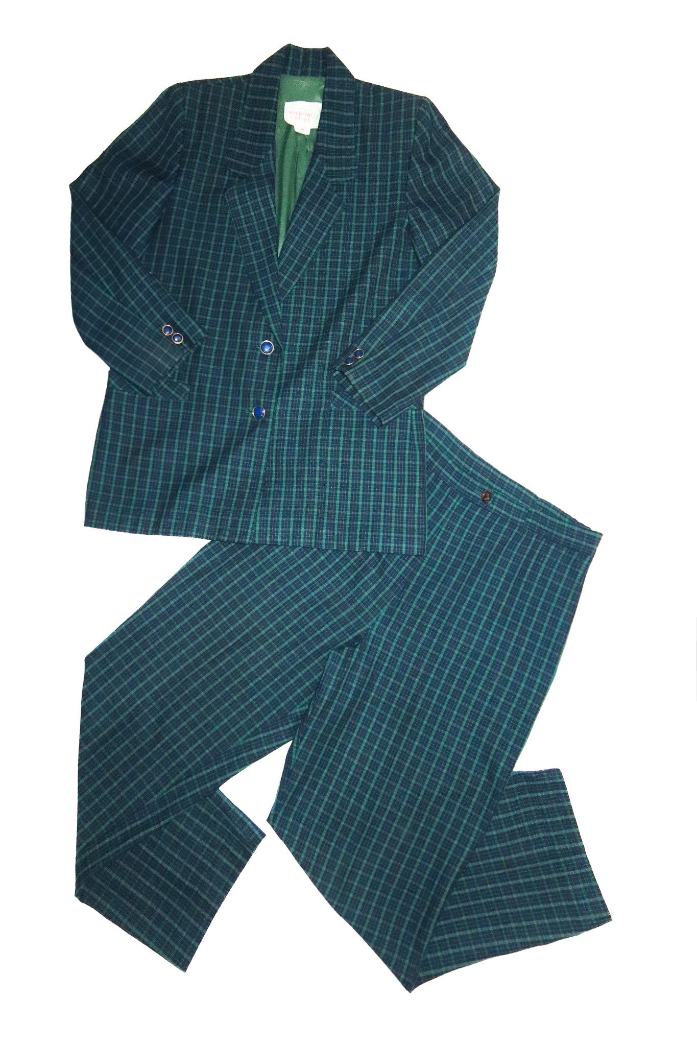 1980's weekend casuals tartan two piece suit green/ blue.