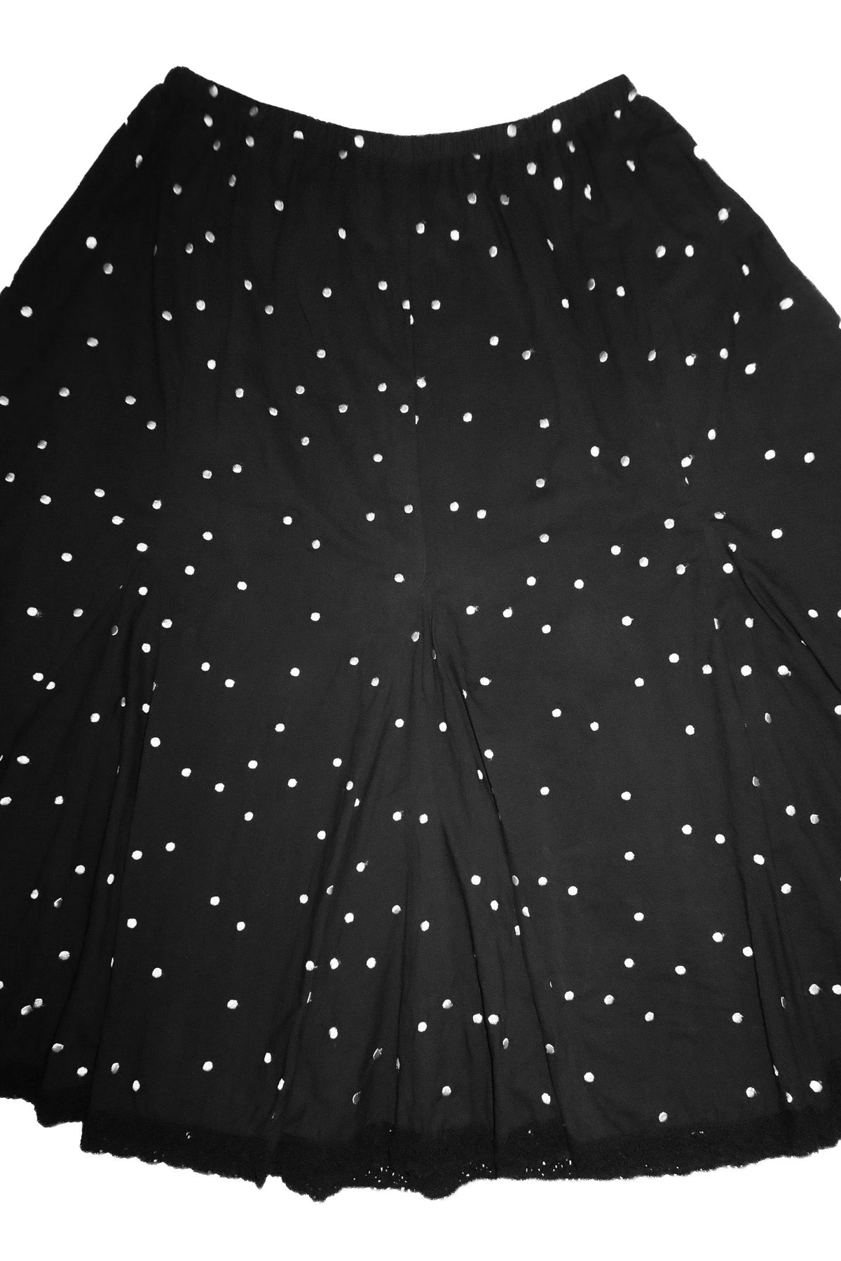 1990's chico's polka dot lace trim midi skirt black/ white.