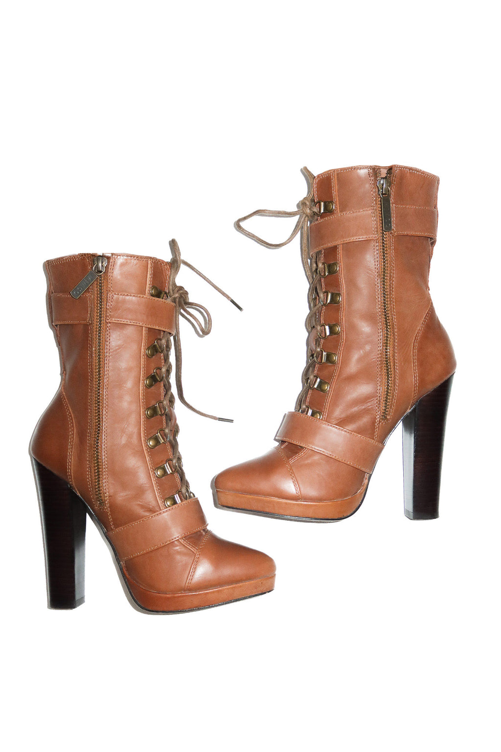 2000's mimco leather lace-up buckle platform ankle boots tan.
