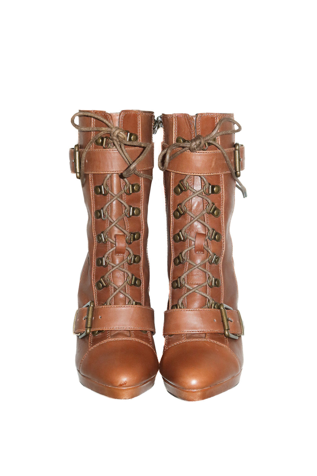 2000's mimco leather lace-up buckle platform ankle boots tan.
