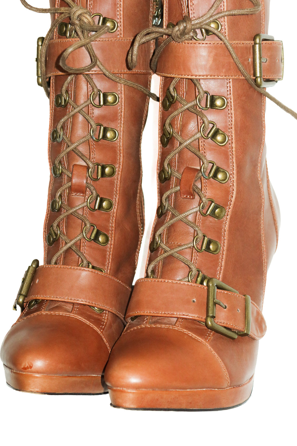 2000's mimco leather lace-up buckle platform ankle boots tan.