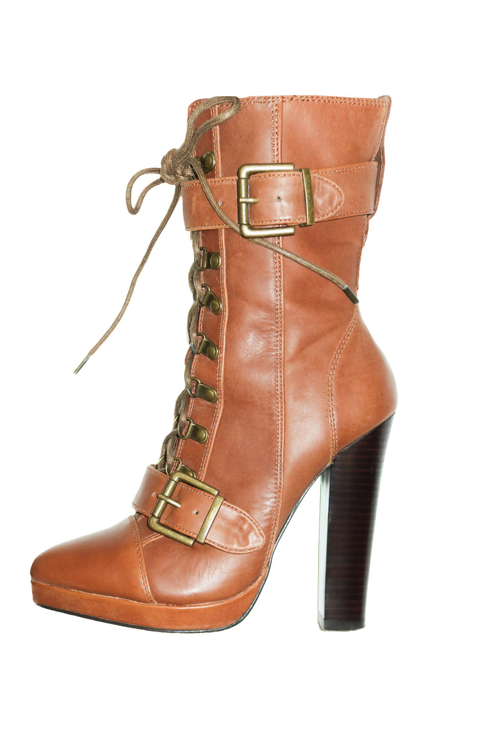 2000's mimco leather lace-up buckle platform ankle boots tan.