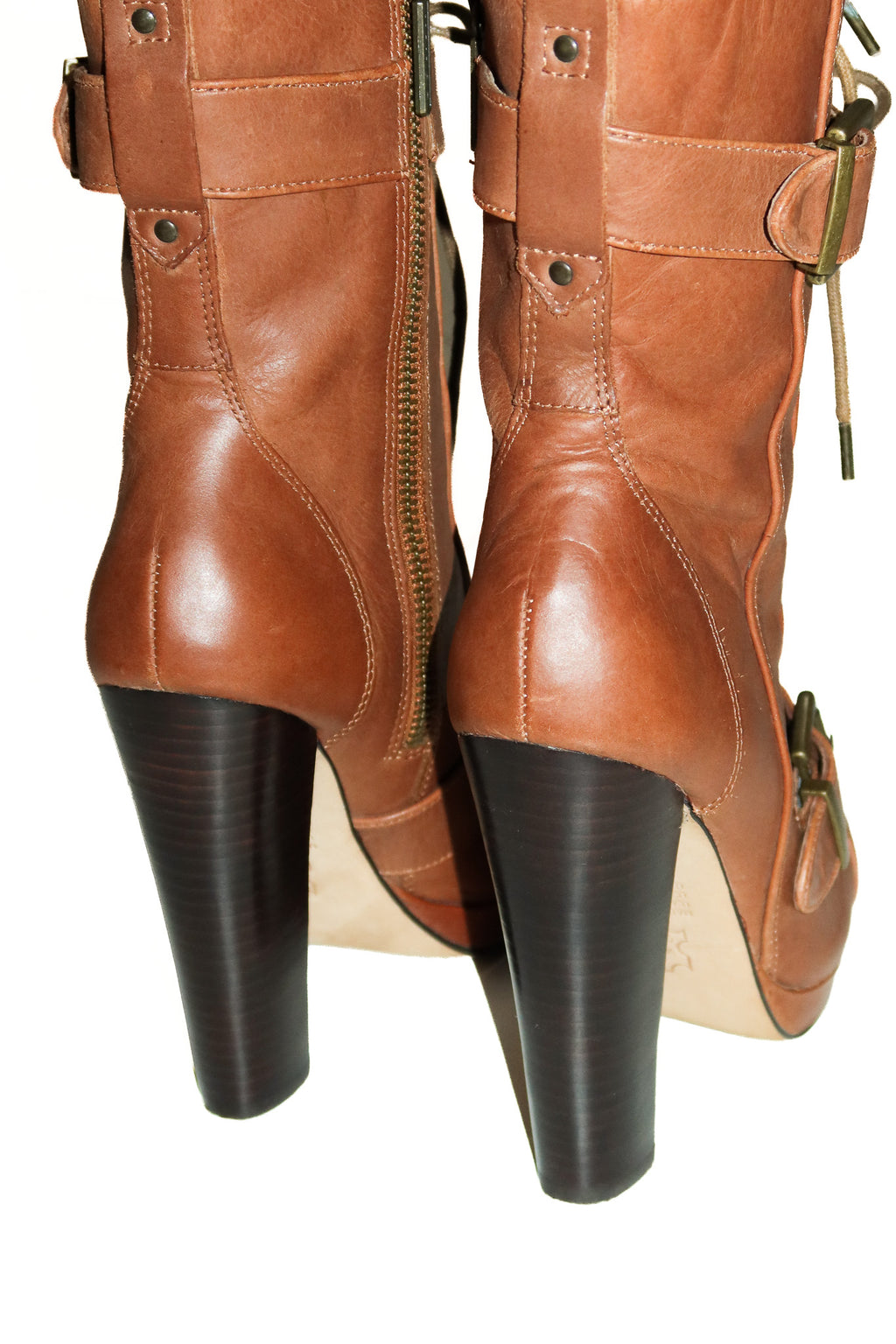 2000's mimco leather lace-up buckle platform ankle boots tan.