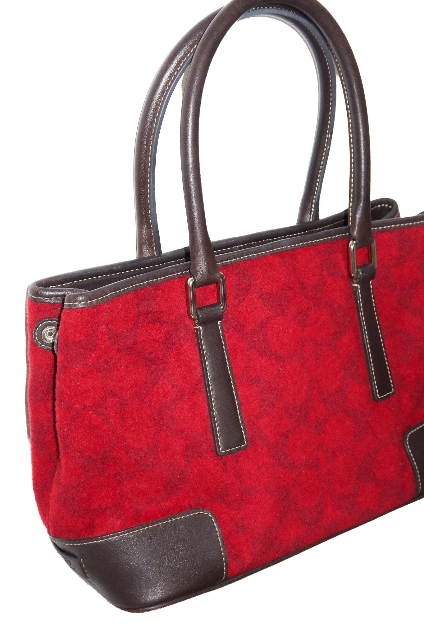 2001 coach signature wool tote bag red / dark brown.