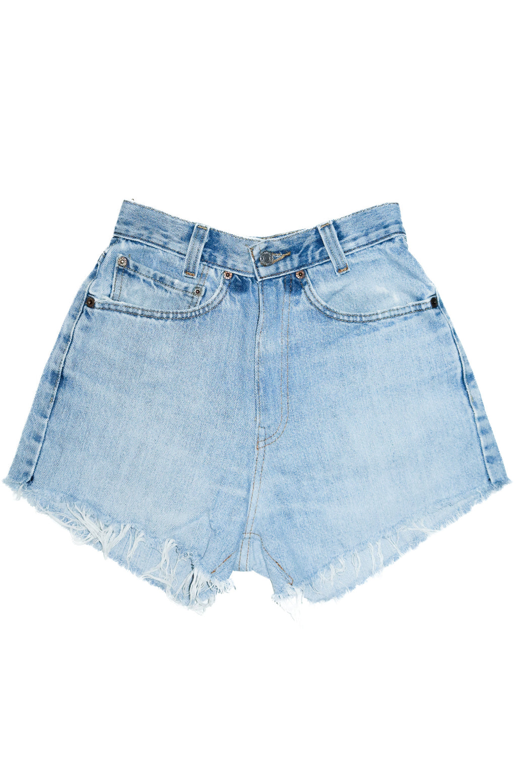 levi's 550 high waisted denim shorts washed blue.