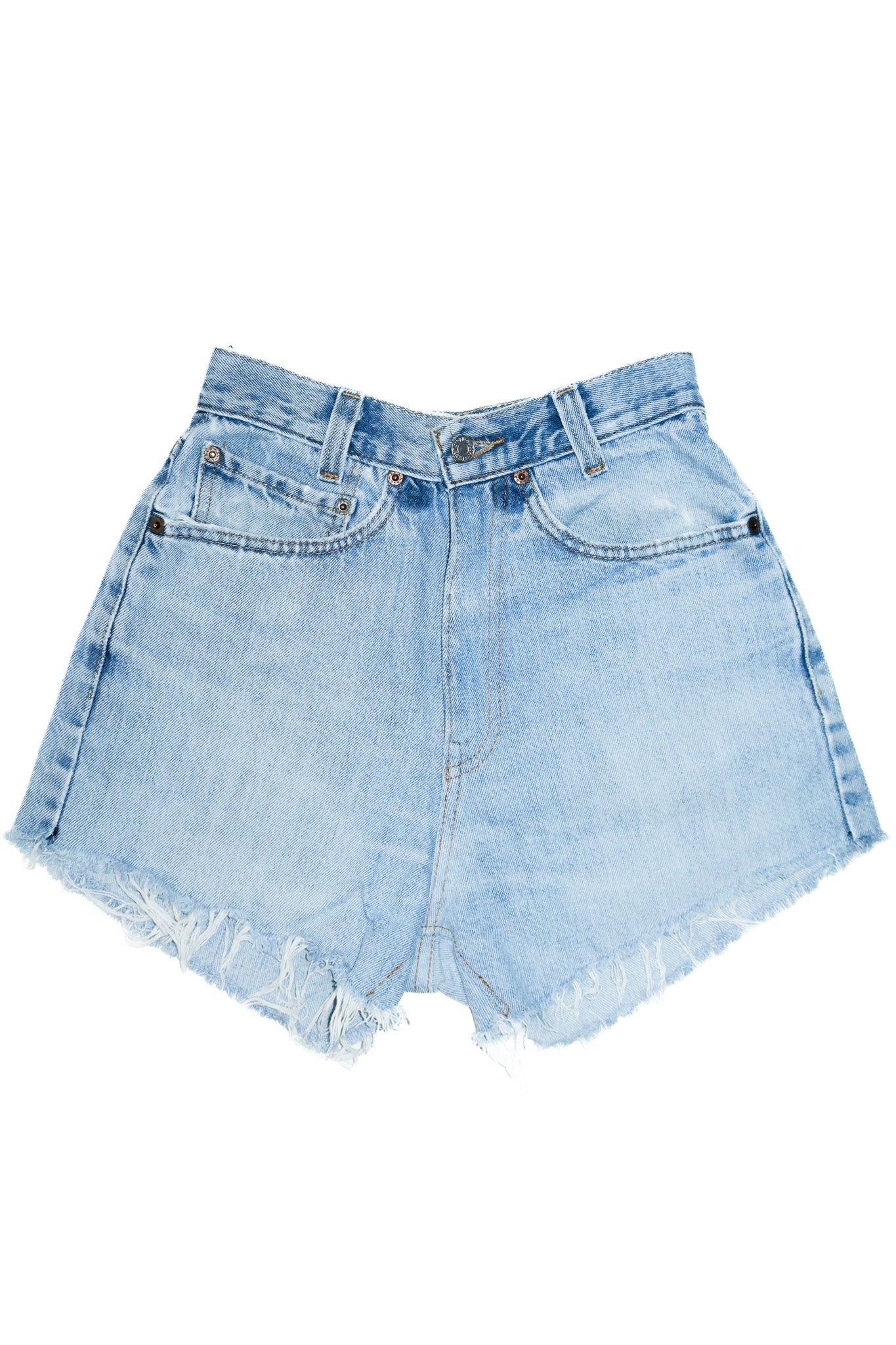 levi's 550 high waisted denim shorts washed blue.