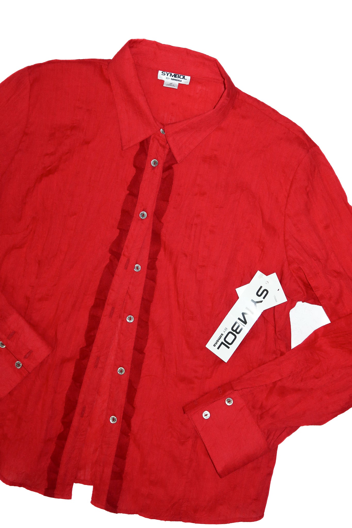 1990’s deadstock symbol by simona long sleeve ruffle shirt red.