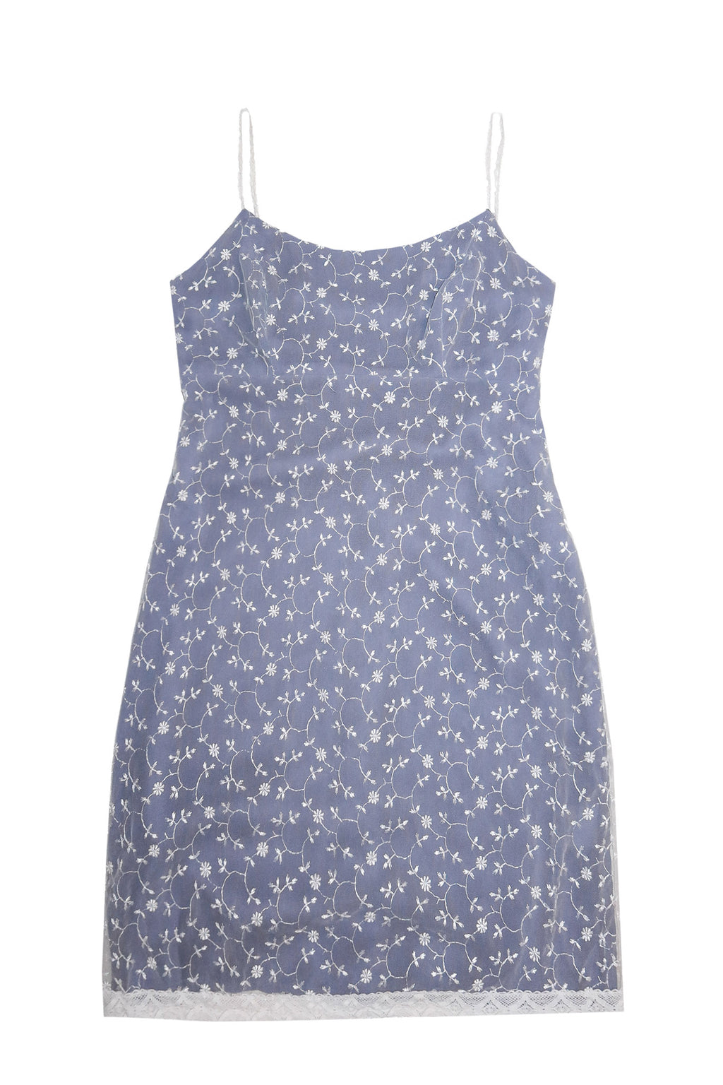 1990's howard showers embroidered mesh slip dress blue / white.