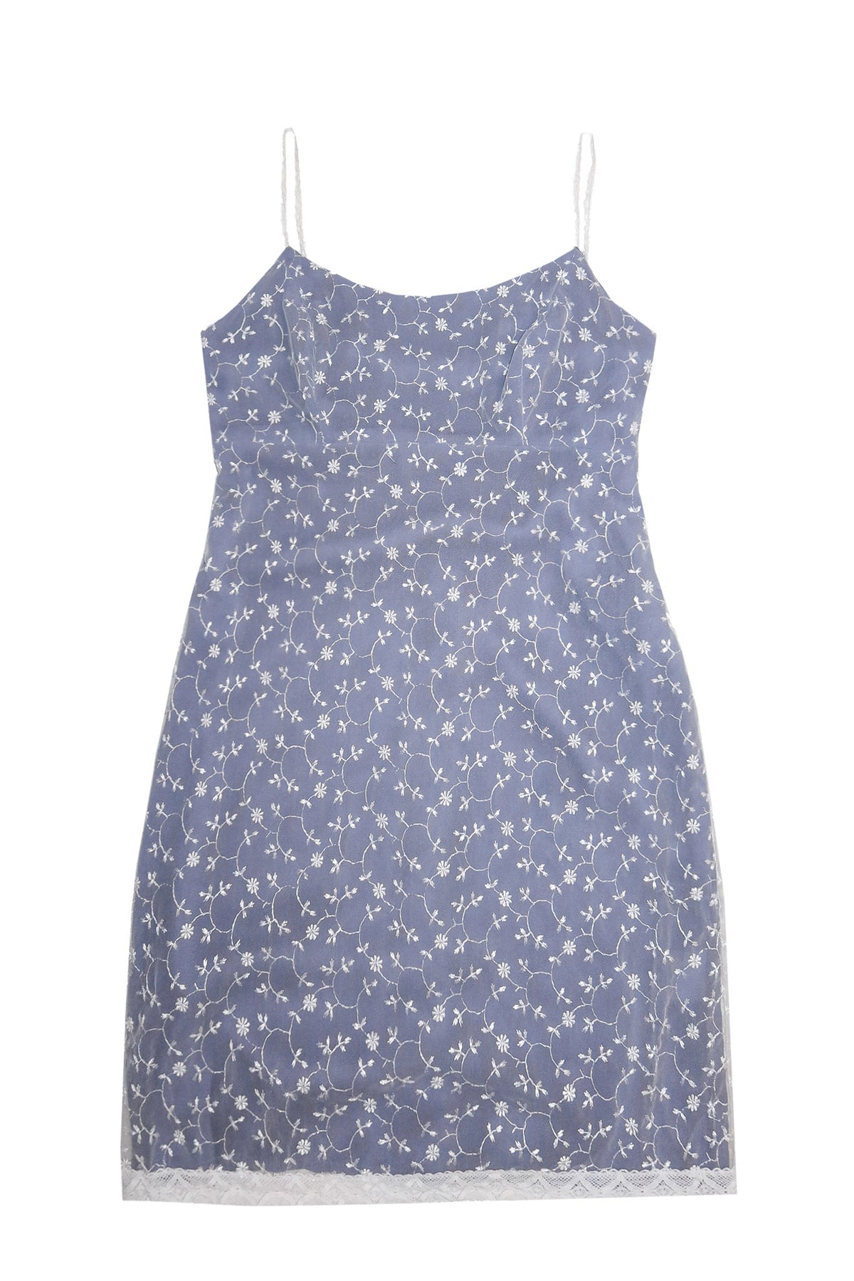1990's howard showers embroidered mesh slip dress blue / white.
