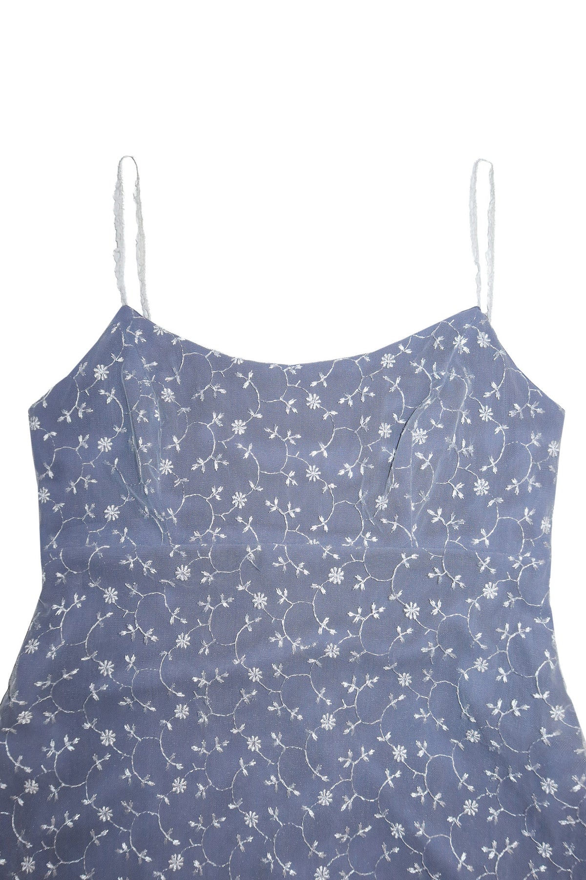 1990's howard showers embroidered mesh slip dress blue / white.