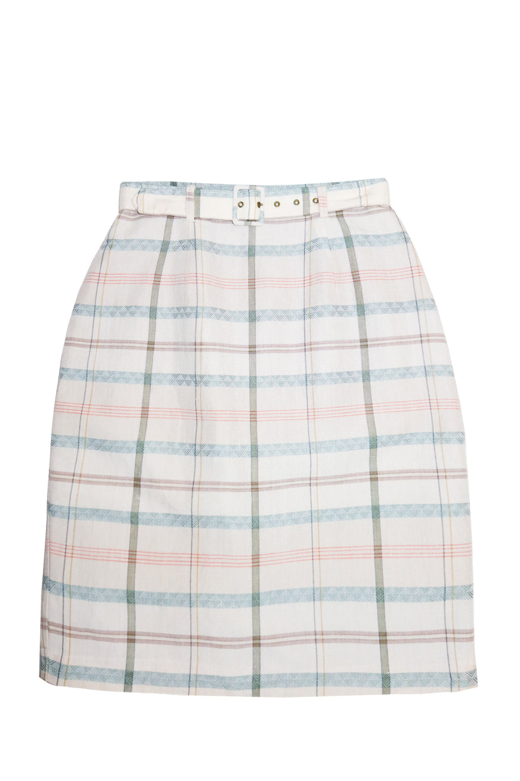 1990's taylor square belted plaid midi skirt cream / green.