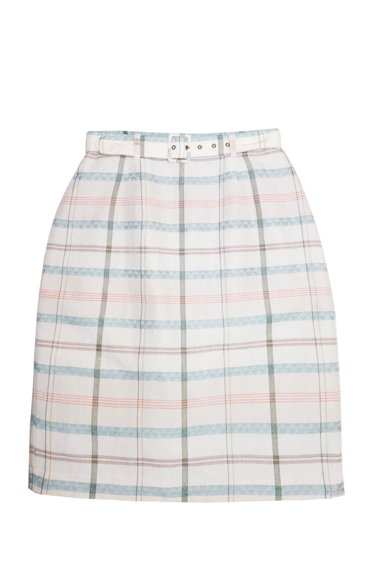 1990's taylor square belted plaid midi skirt cream / green.