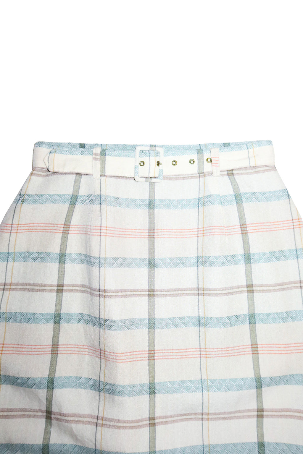 1990's taylor square belted plaid midi skirt cream / green.