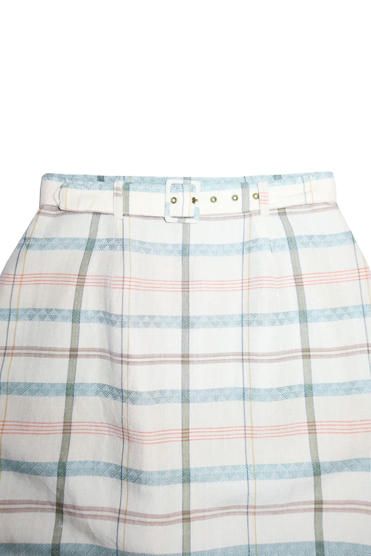 1990's taylor square belted plaid midi skirt cream / green.