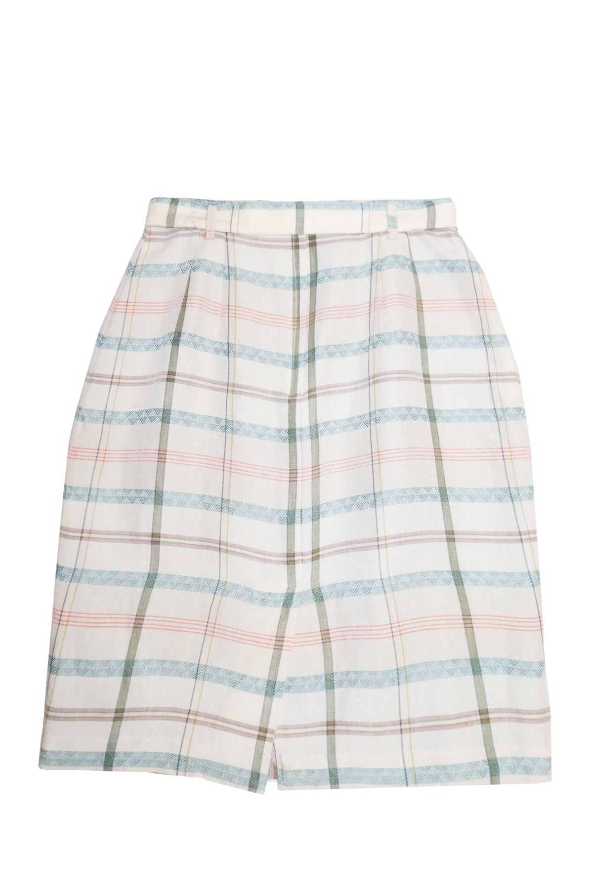 1990's taylor square belted plaid midi skirt cream / green.