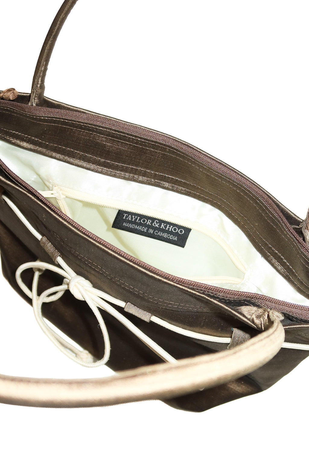 2000's taylor & khoo satin bow shoulder bag brown / cream.