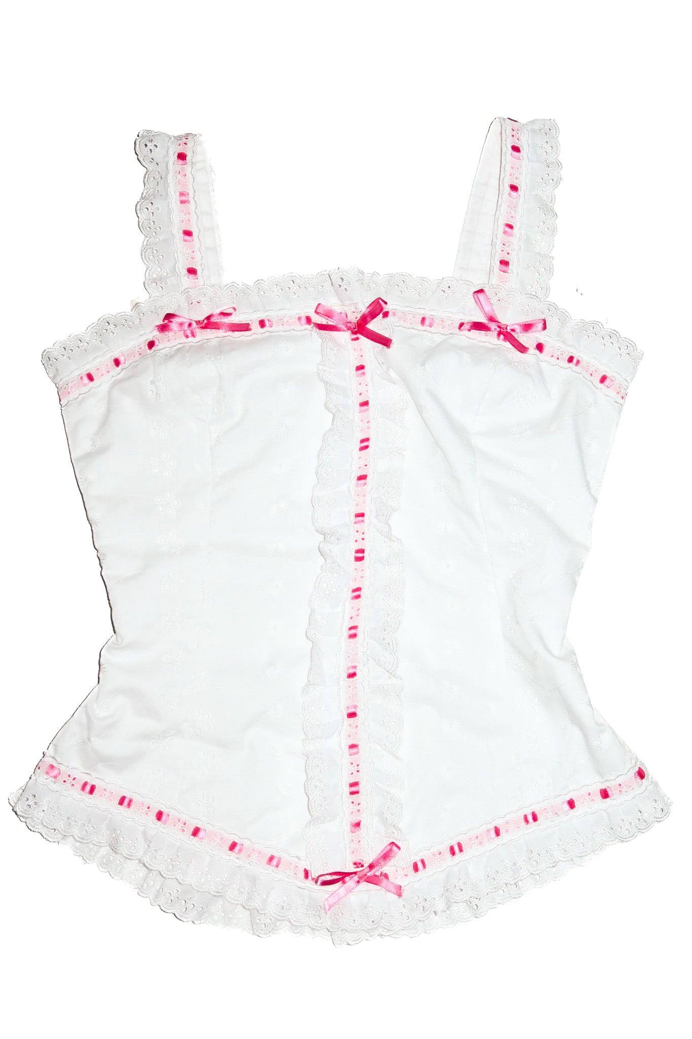 vintage handmade lace trim corset and bloomer set white/ pink.
