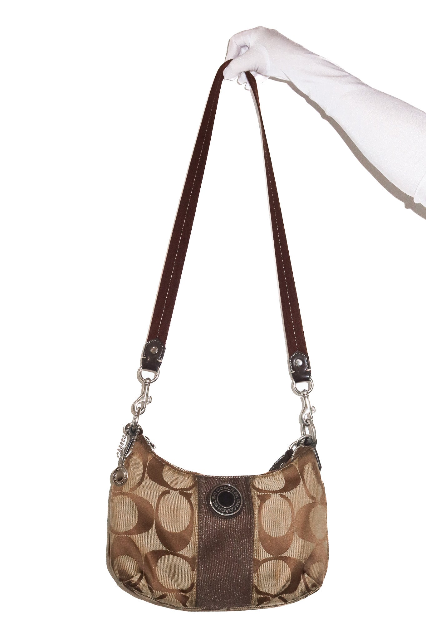 coach signature stripe demi shoulder bag beige/ brown.