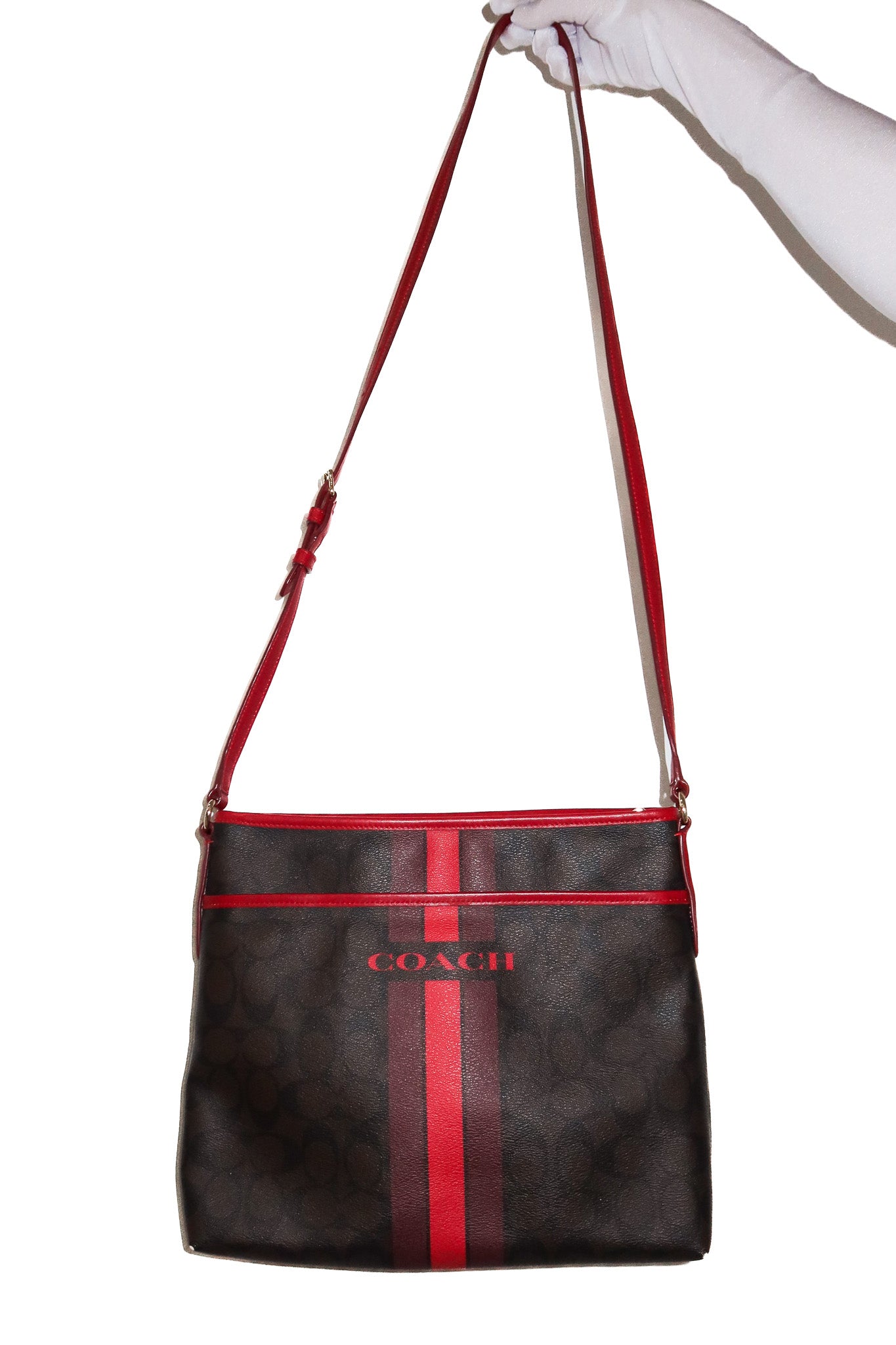 coach signature varsity file crossbody bag dark brown/red.
