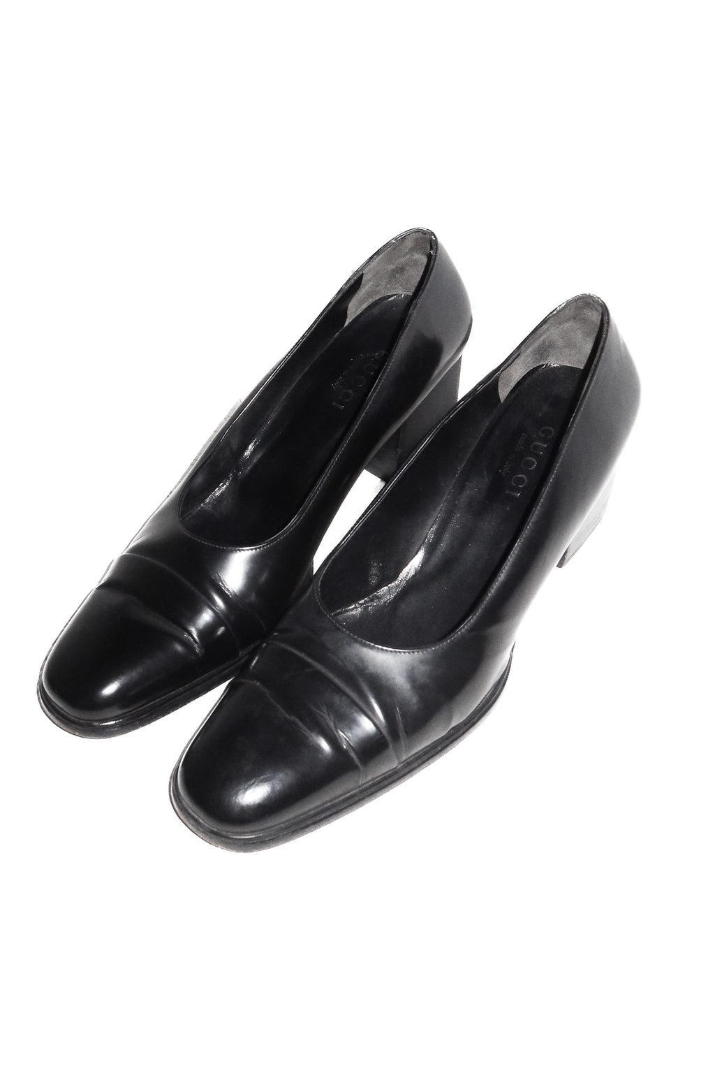 gucci patent leather block heel pumps black.
