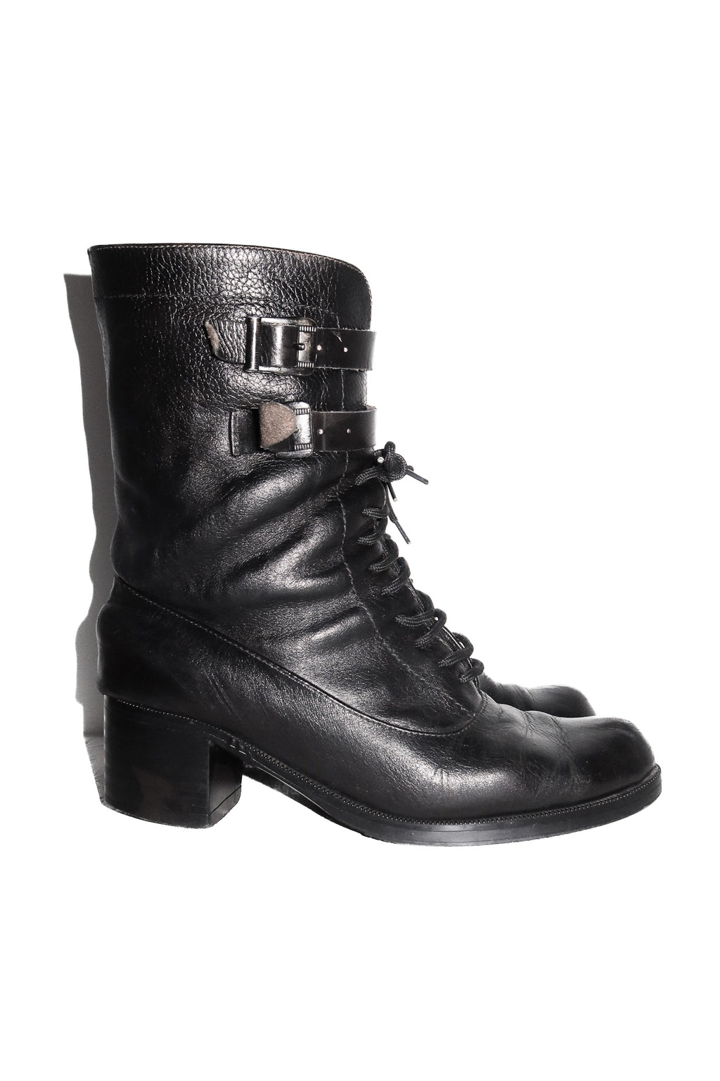 vintage leather moto lace-up buckle boots brown/black.