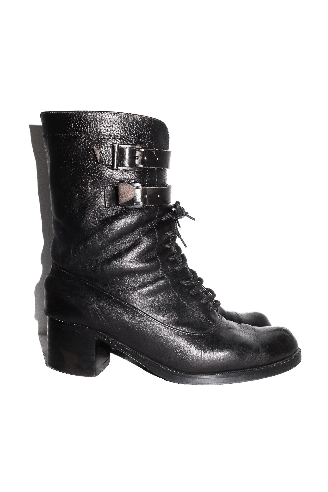 vintage leather moto lace-up buckle boots brown/black.