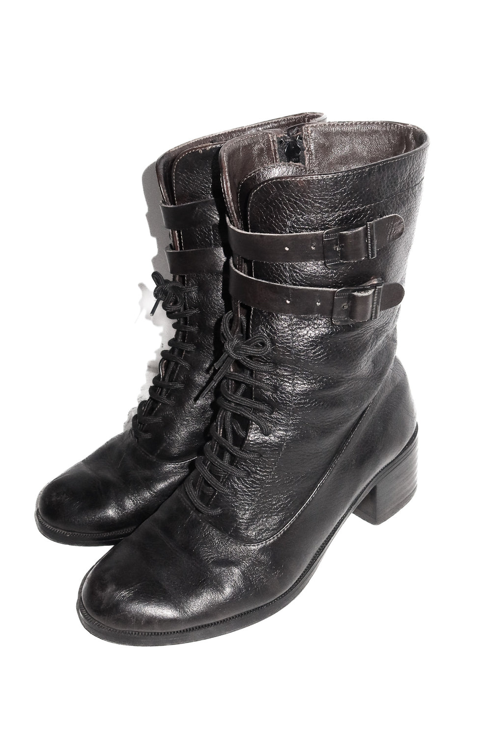 vintage leather moto lace-up buckle boots brown/black.
