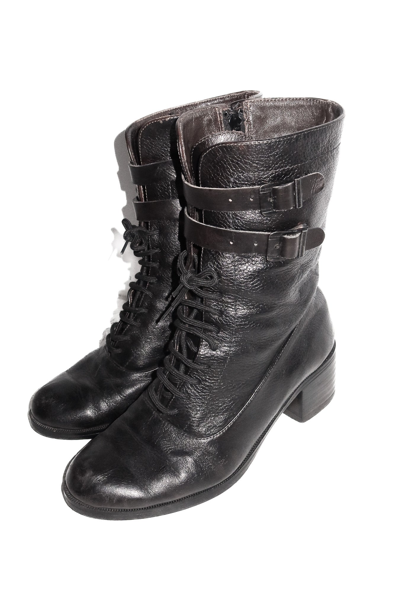 vintage leather moto lace-up buckle boots brown/black.