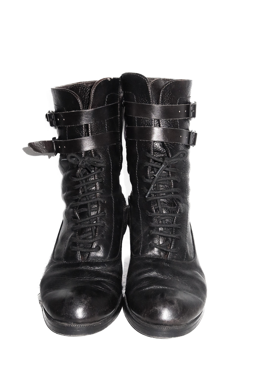 vintage leather moto lace-up buckle boots brown/black.