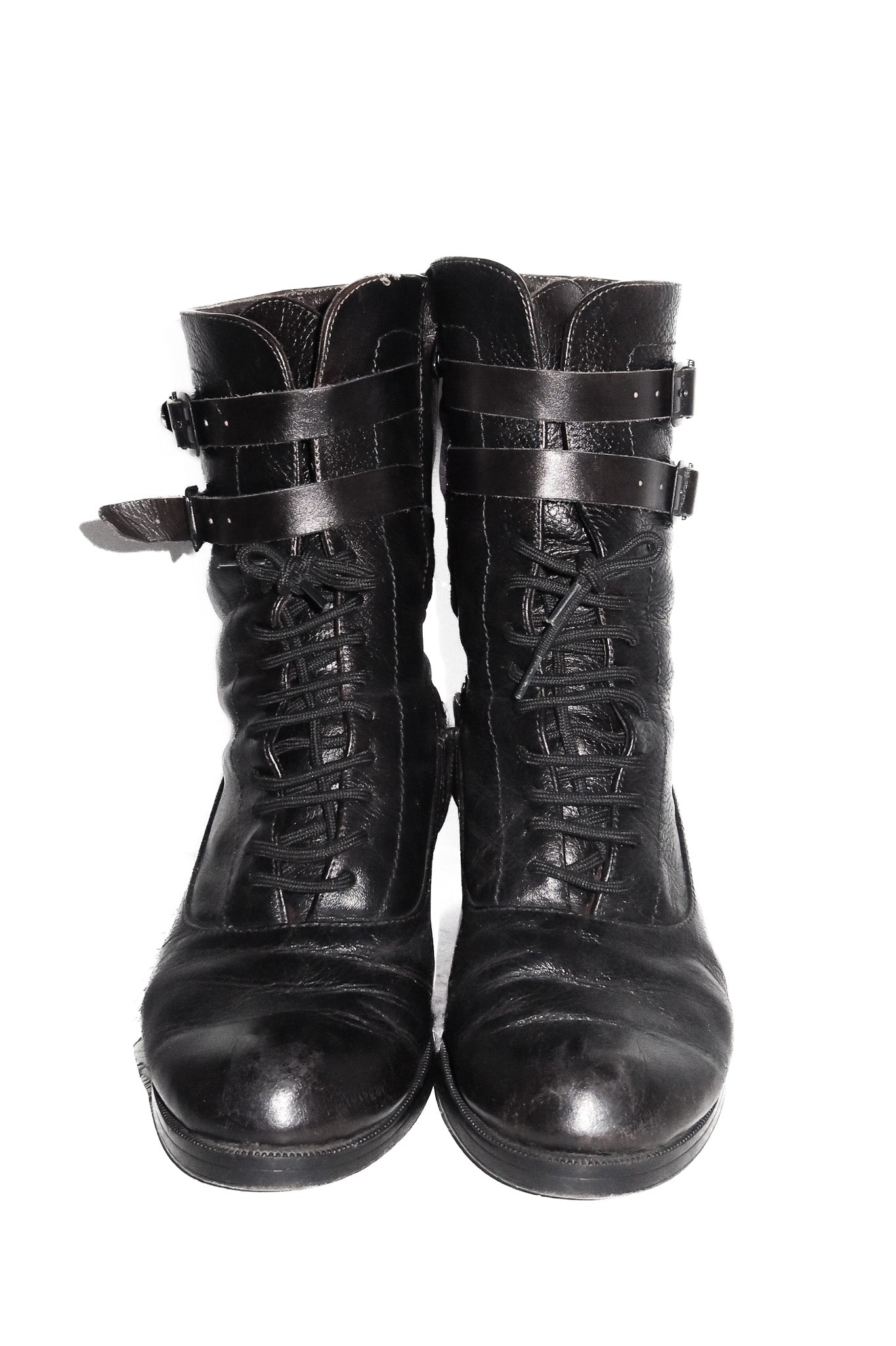 vintage leather moto lace-up buckle boots brown/black.
